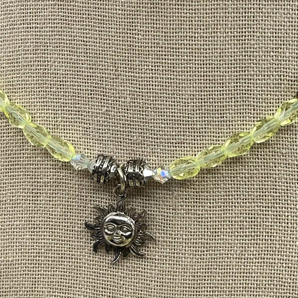 Vintage Handmade Silver Sun Pendant Necklace with Green Faceted Crystals - Picture 4 of 16
